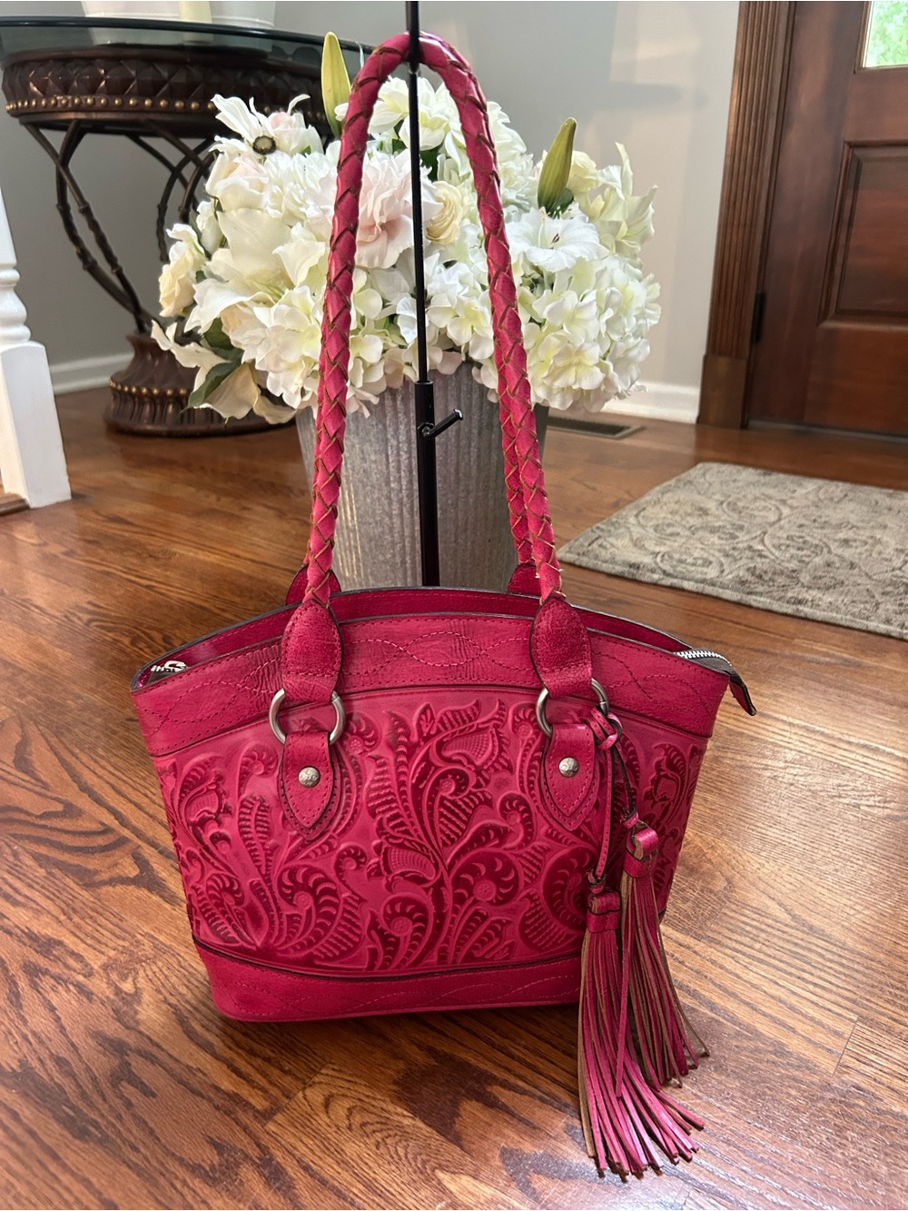 Patricia Nash Tooled Embossed Leather Tote Raspberry Pink Braided Tassel Bag